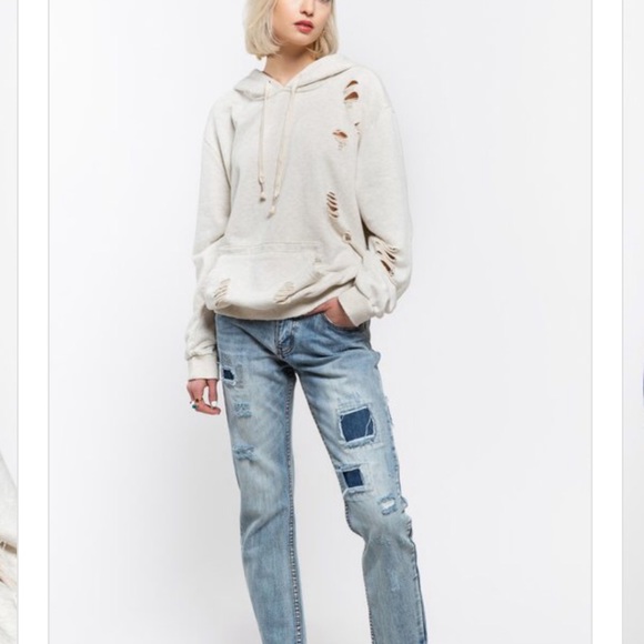 Oatmeal Distressed Hoodie pullover - Picture 2 of 8